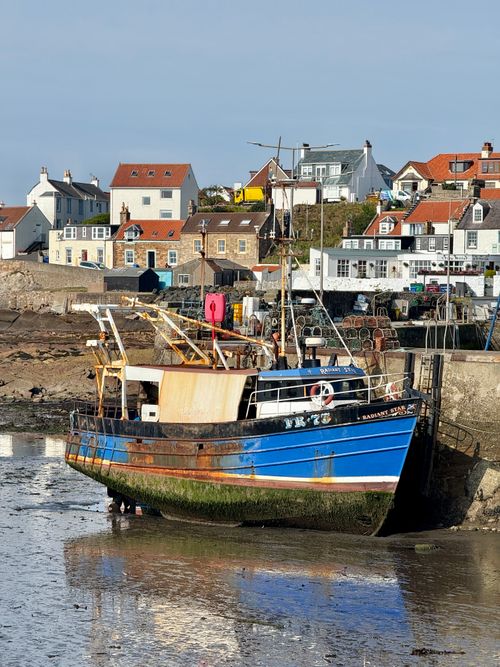 Free A rusting blue fishing boat rests abandoned in a harbor in Scotland, reflecting coastal charm. Stock Photo