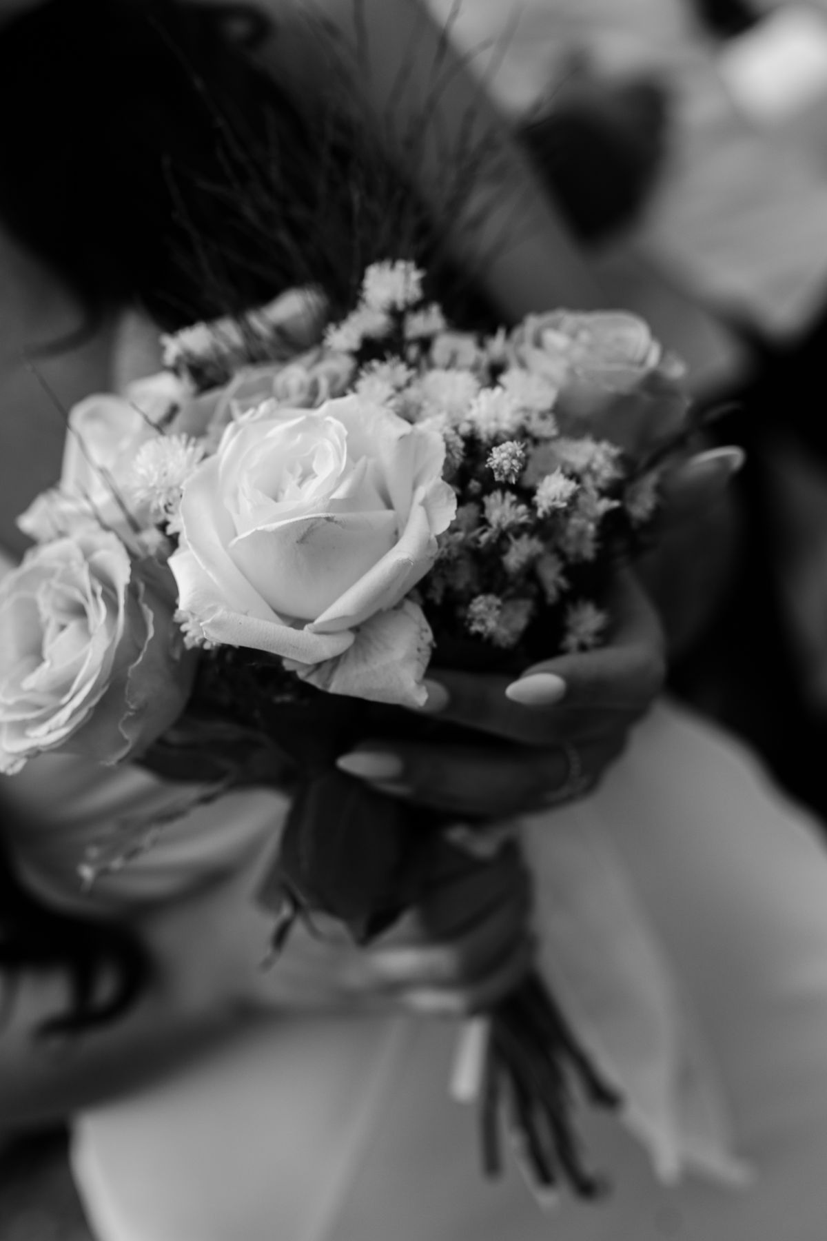 Bridal bouquet of roses, black and white close-up