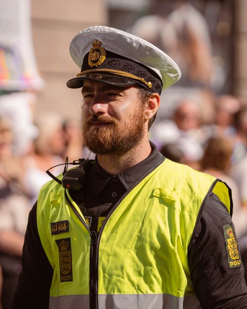 Free Police officer with beard in uniform and cap at a public gathering. Stock Photo