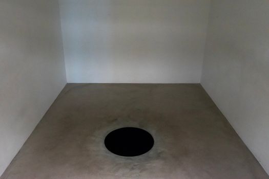 Abstract minimalist art piece featuring a black circle on a plain floor in a stark room.