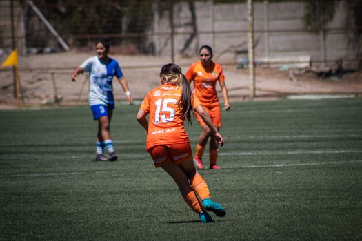 Female soccer players competing in a sunny outdoor match.