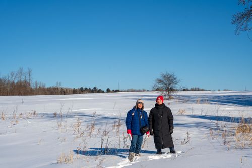 Free A couple dressed warmly walking through a snowy field under a clear blue sky. Stock Photo