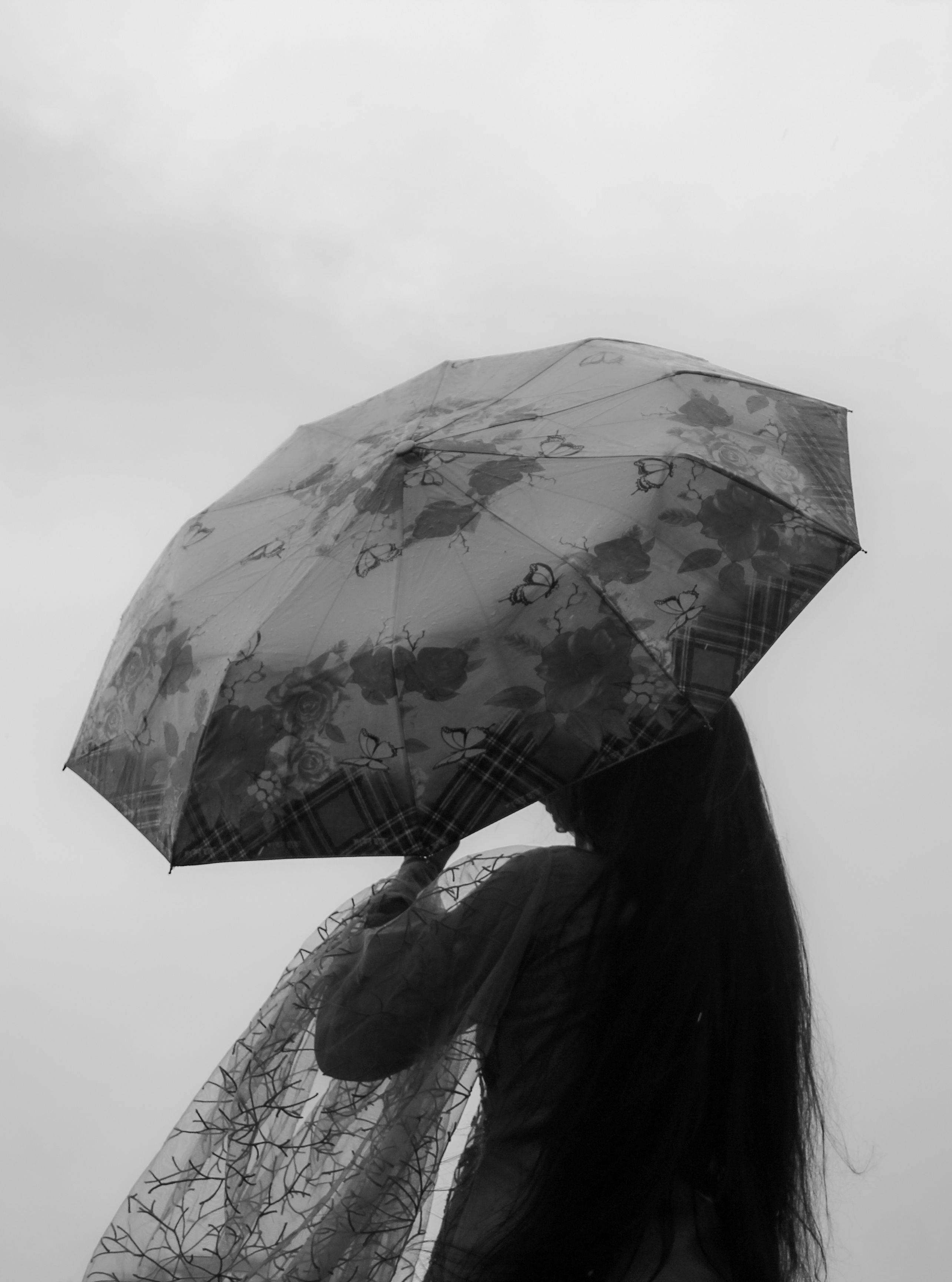 Silhouette of Woman with Floral Umbrella in Rain · Free Stock Photo