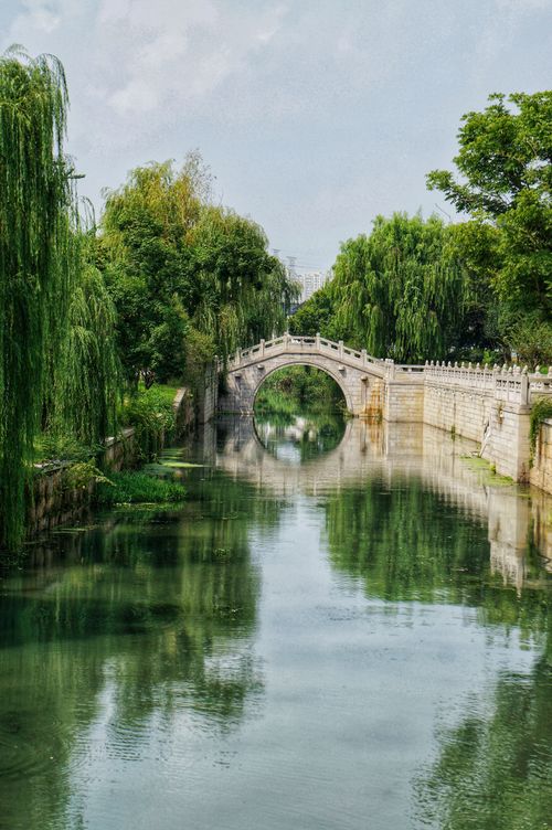 Free A picturesque arched bridge spans a tranquil canal surrounded by lush greenery and willow trees. Stock Photo