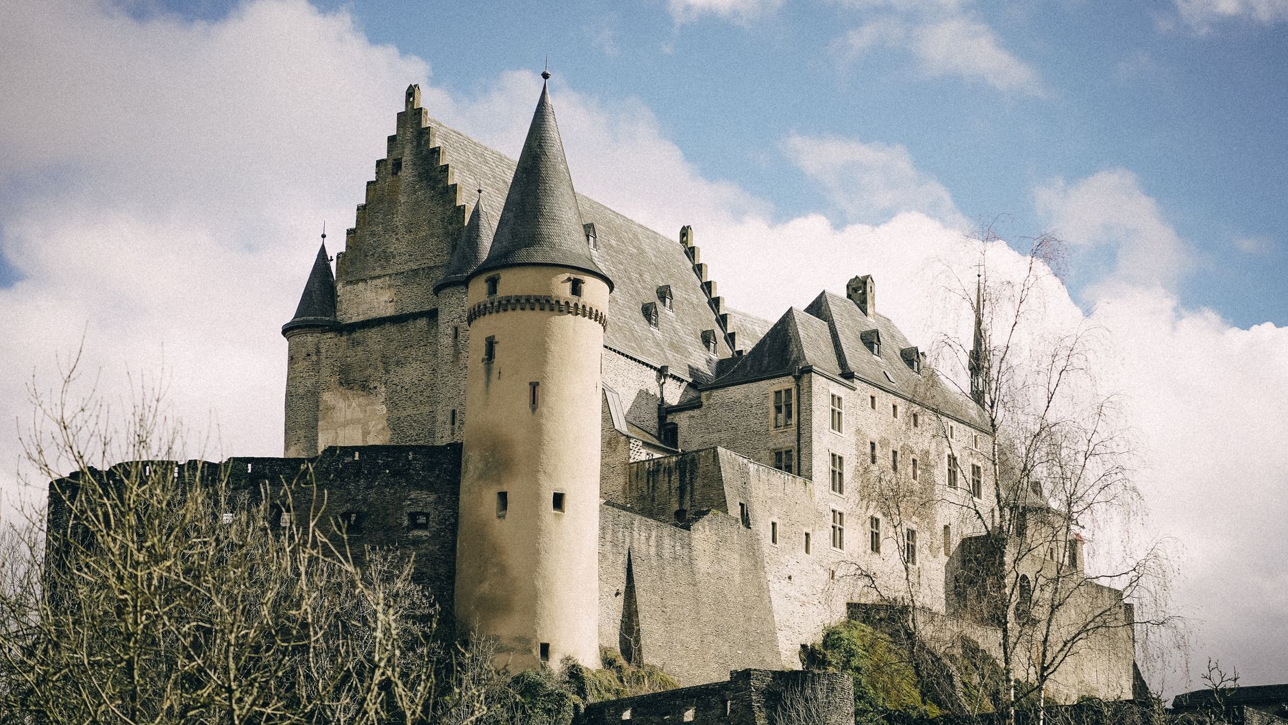 Vianden castle towers in mist