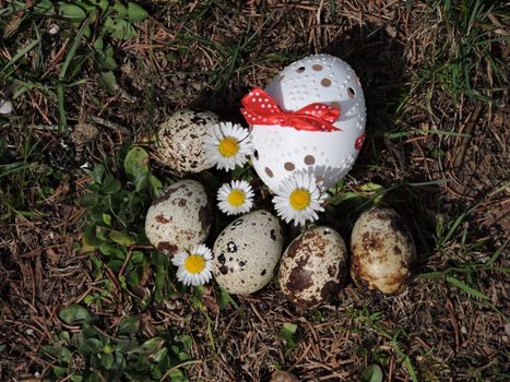 Decorative Easter eggs with daisies and a red ribbon outdoors on grass.