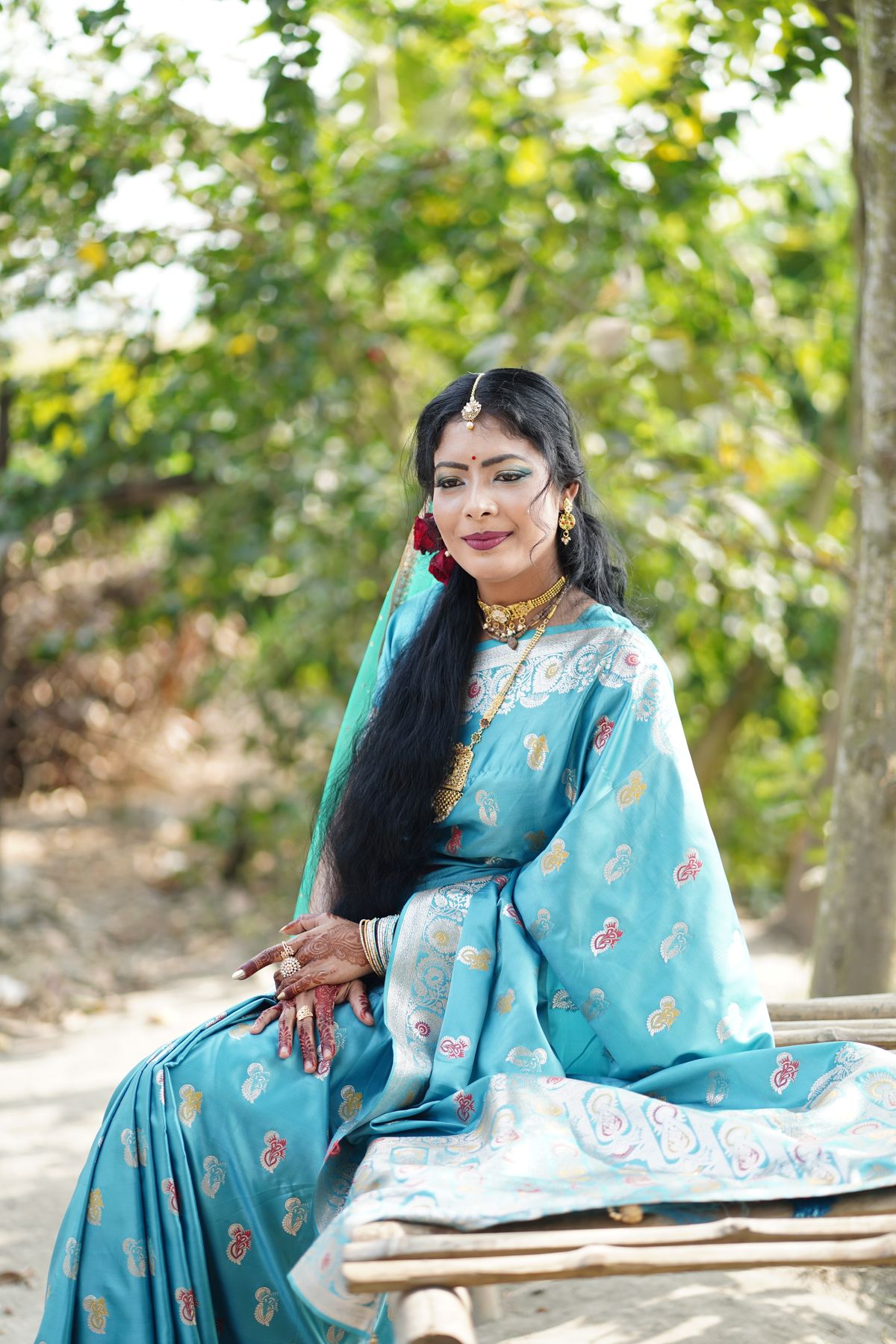Traditional Indian Woman in Blue Sari Outdoors · Free Stock Photo