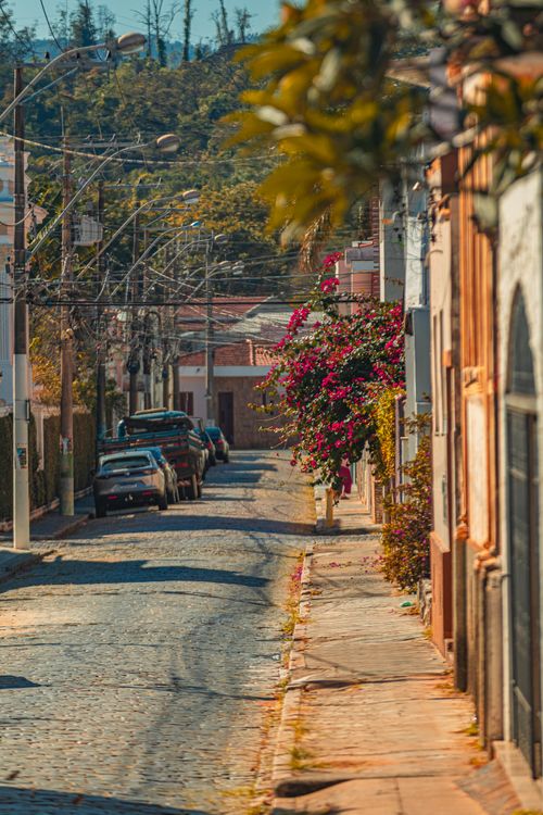 Free Explore a quaint cobblestone street lined with vibrant blooms in Amparo, São Paulo, Brazil. Stock Photo