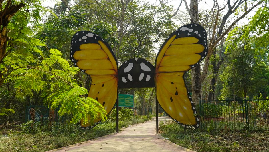 Colorful butterfly-shaped entrance gate at Tata Steel Zoological Park in Jamshedpur, India.