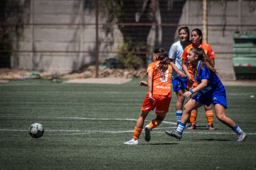 Free Intense girls' soccer match with dynamic action on a sunny outdoor field. Stock Photo