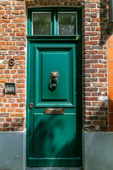 一扇配有狮头门环的复古绿门，坐落在充满活力的砖砌立面上，展现出经典的建筑魅力
