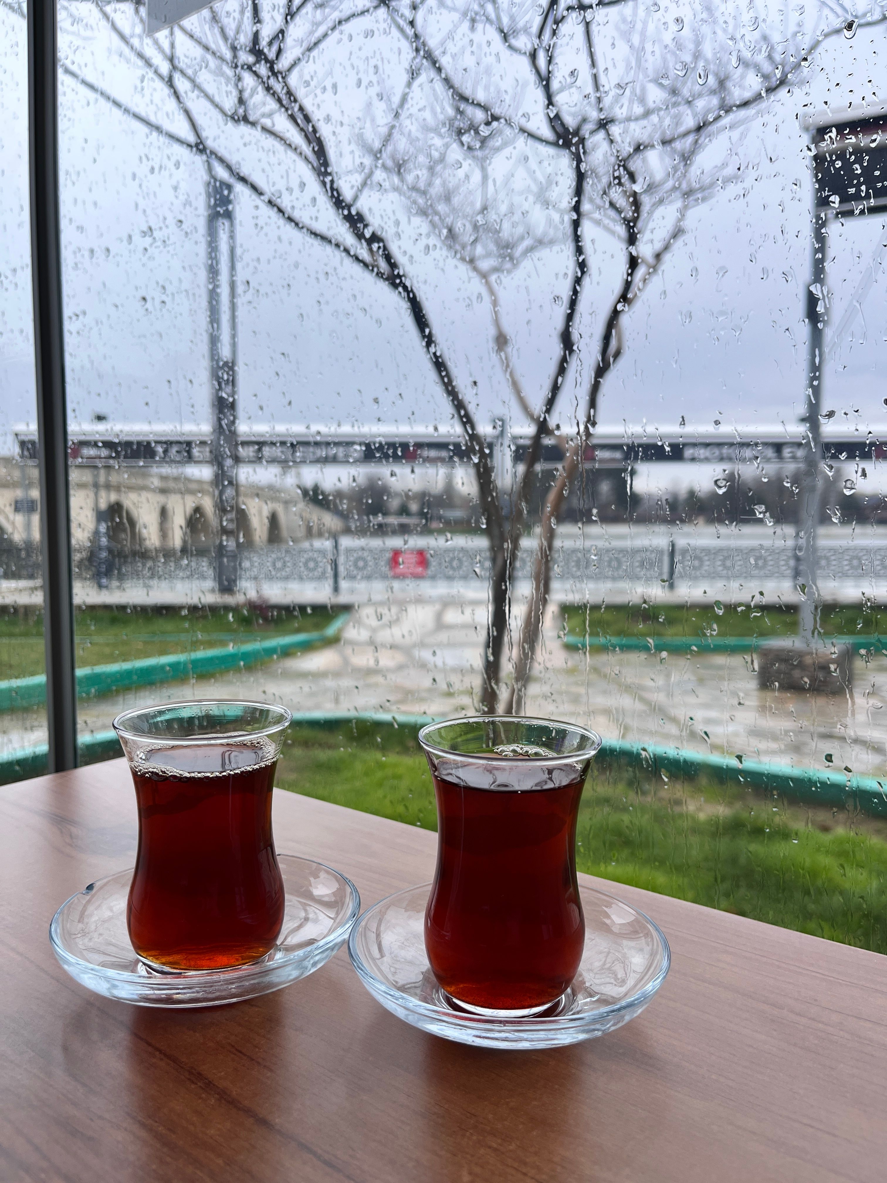 Enjoy the calming atmosphere of two glasses of Turkish tea by a rainy window overlooking a serene outdoor setting.