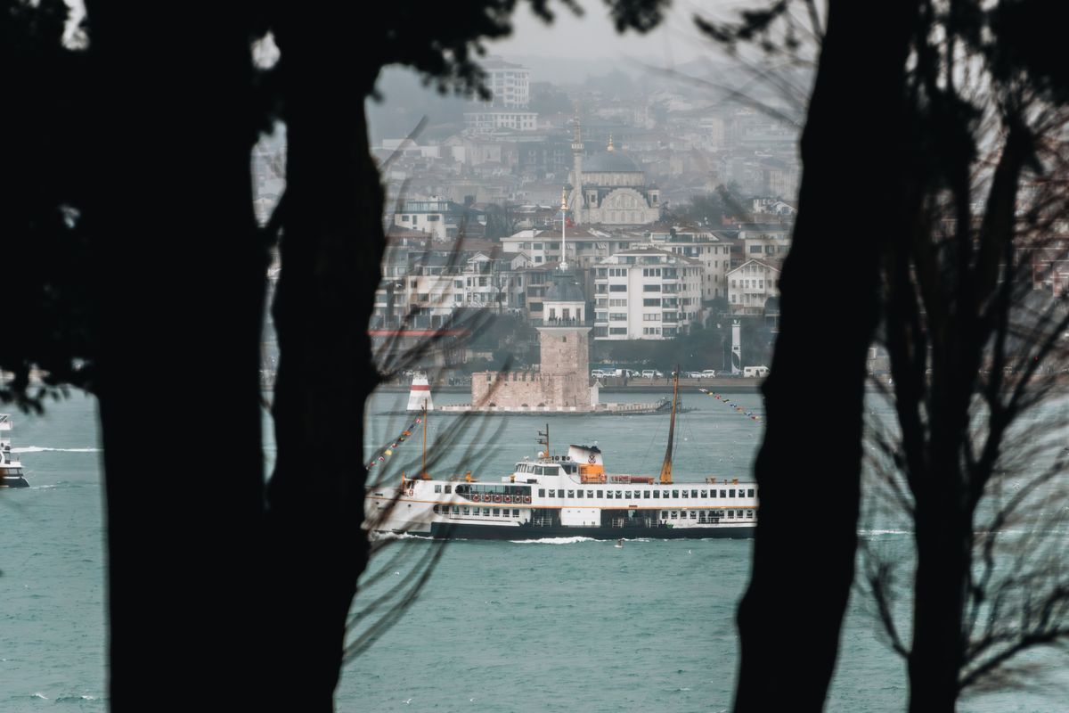 Scenic Bosphorus view with ferry crossing between Europe and Asia in Istanbul