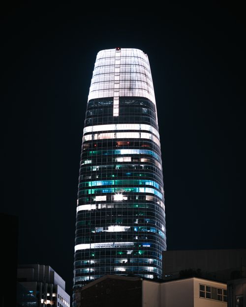 Free The Salesforce Tower in San Francisco captured with stunning night lighting. Stock Photo