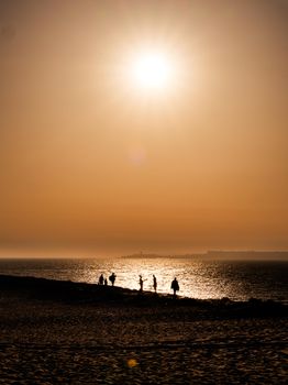 Silhouetted figures walking along a serene beach during sunset with golden light reflecting off the water.