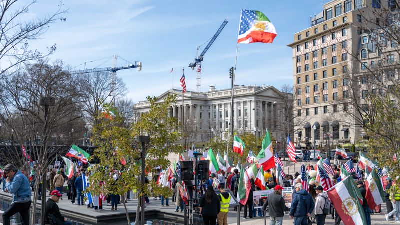 Crowd gathered in Washington D.C. protest holding flags with U.S. and other symbols outside government building.