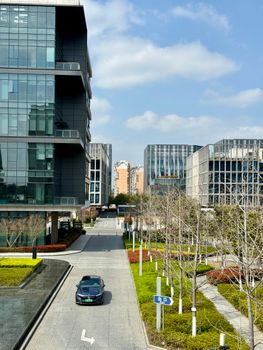 A view of modern office buildings in Shanghai surrounded by greenery on a bright day.