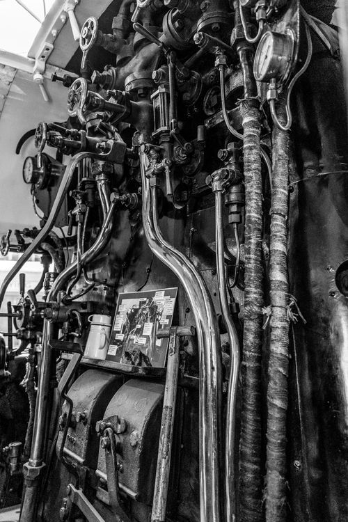Free Black and white photo showing intricate steam train controls and gauges. Stock Photo