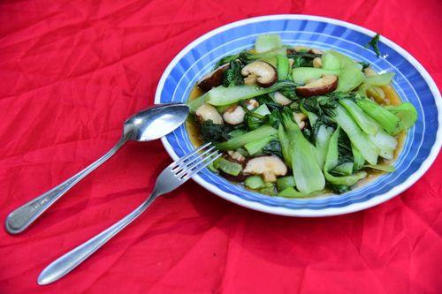 Free Delicious stir-fried bok choy with mushrooms served on a vibrant red cloth background. Stock Photo