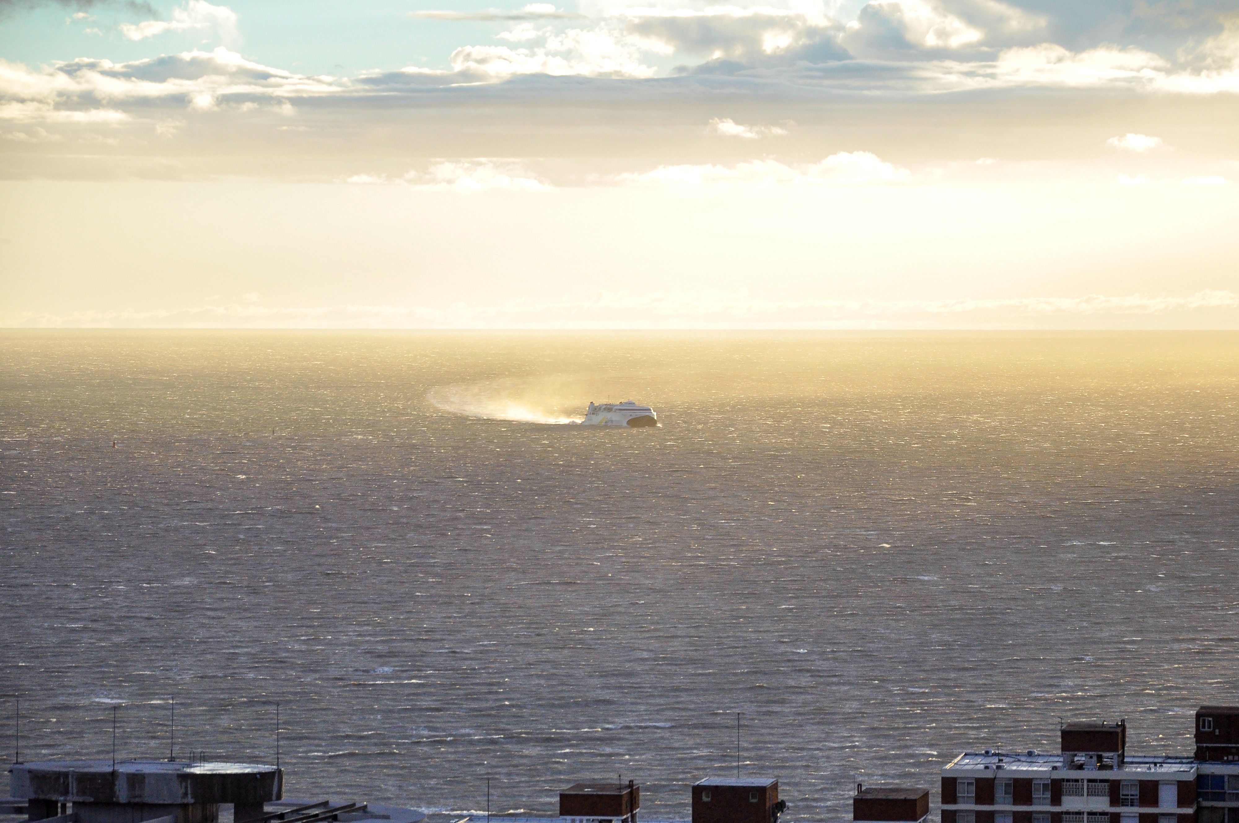 Sunlit View of Ferry in Montevideo Harbor
