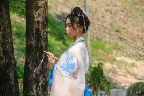 Free Elegant portrait of a woman in traditional attire in a forest setting in Hue, Vietnam. Stock Photo