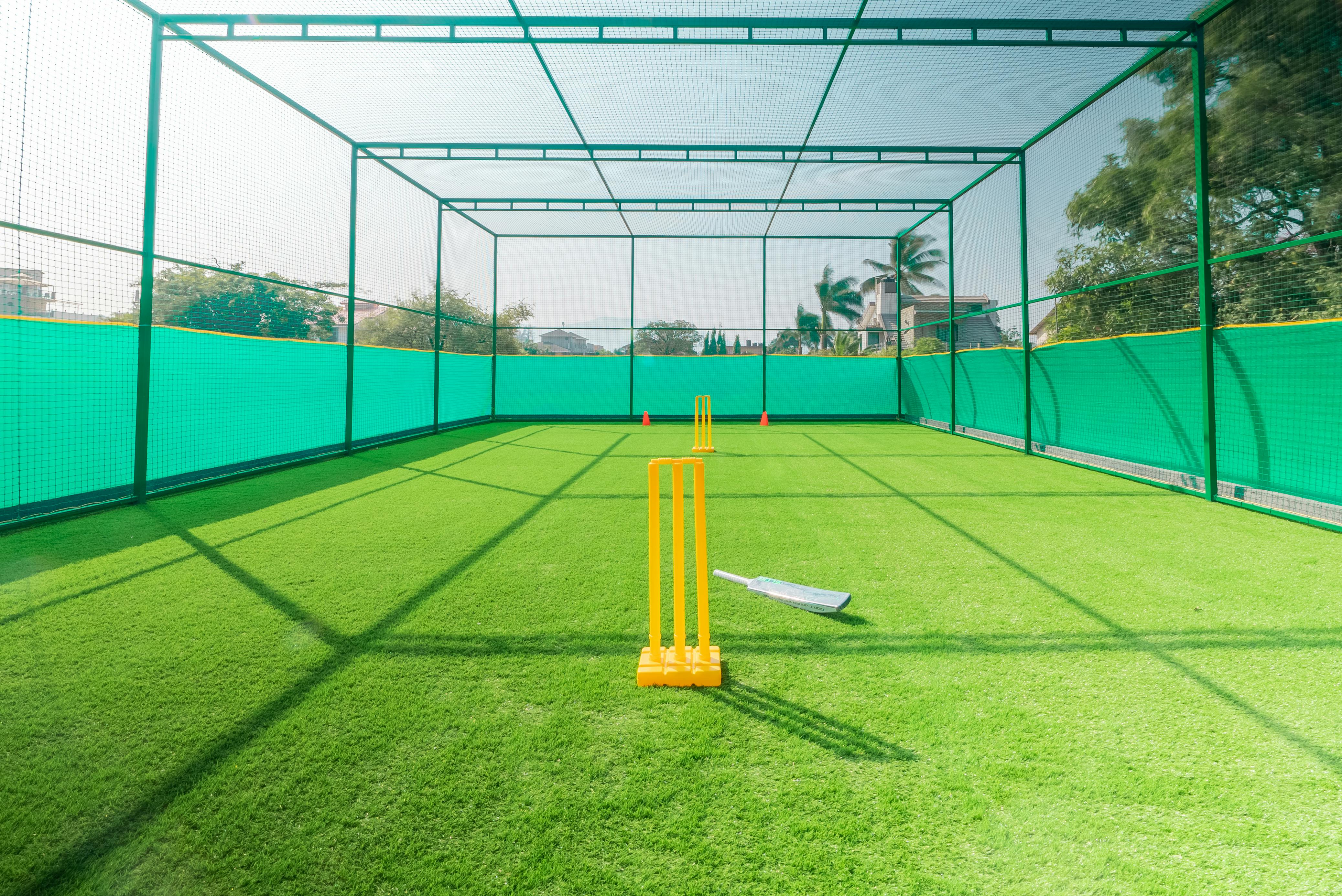 Wide view of a Test cricket pitch with stumps in place