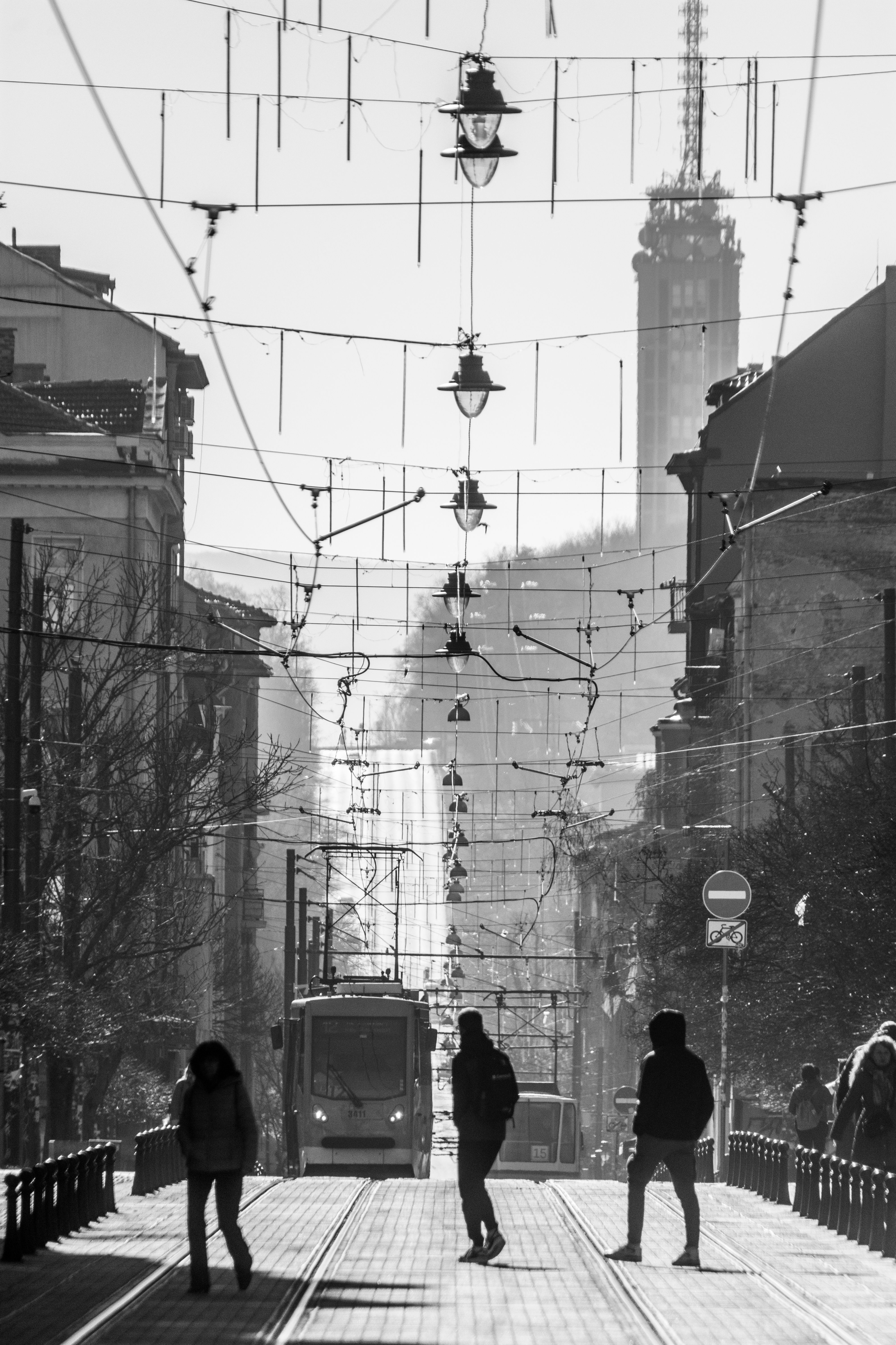 Urban Street Scene with Tram in Black and White · Free Stock Photo
