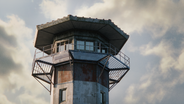Rustic watchtower with metal railings and windows under a cloudy sky, digital rendering.