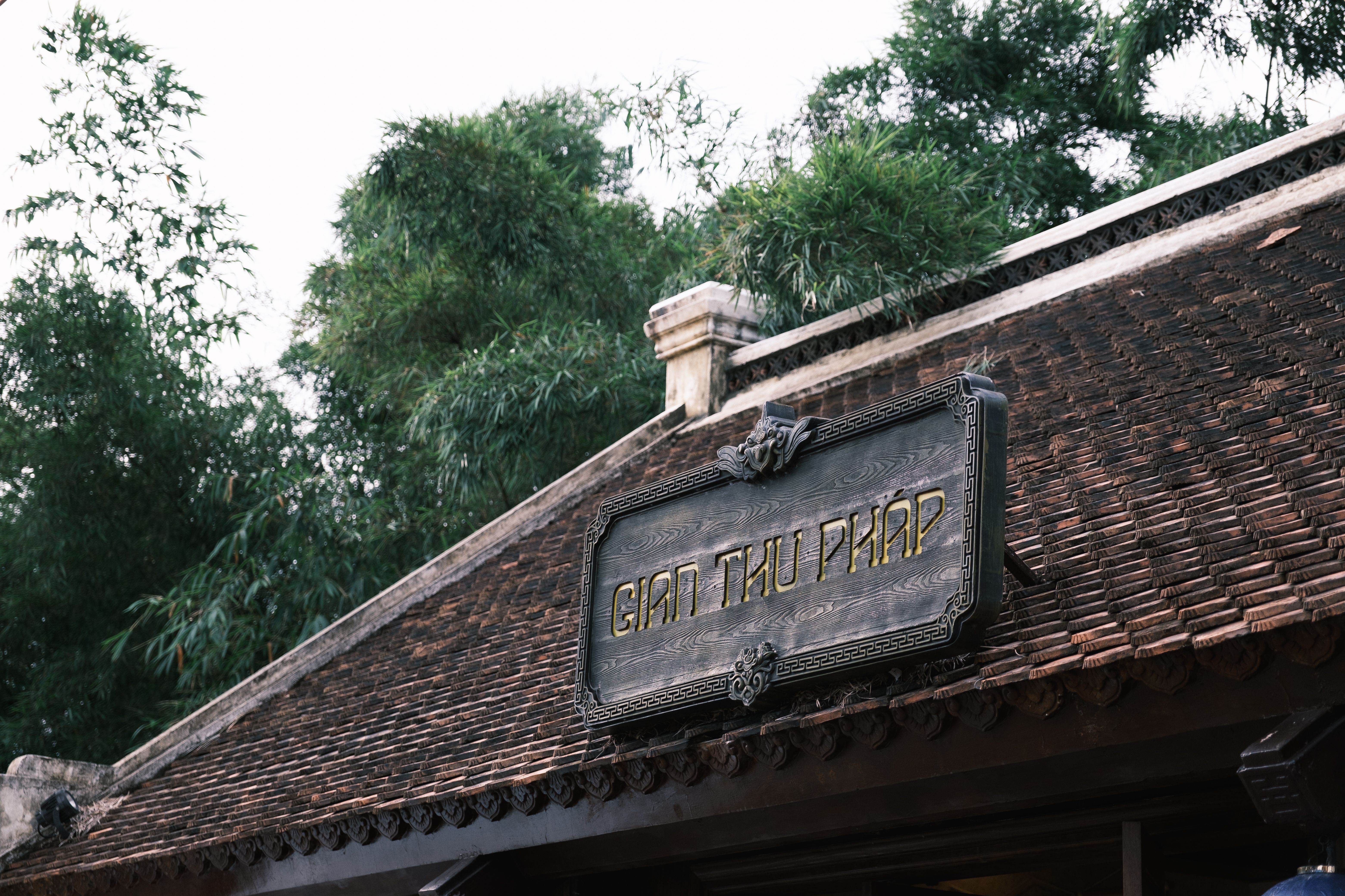 Close-up of a traditional Vietnamese building roof with intricate wooden signage.
