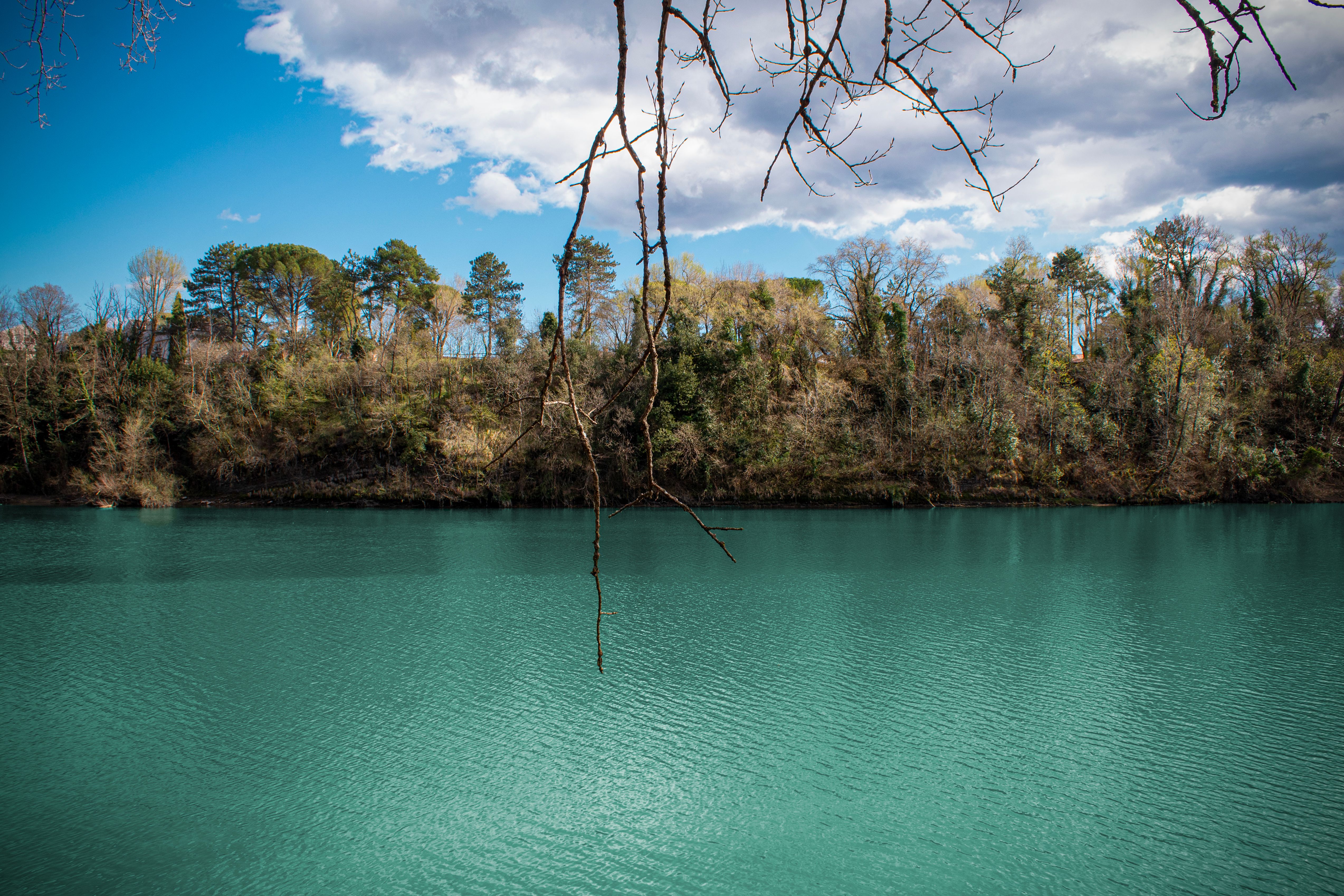 Tranquil river landscape with lush trees and a clear blue sky in Italy.