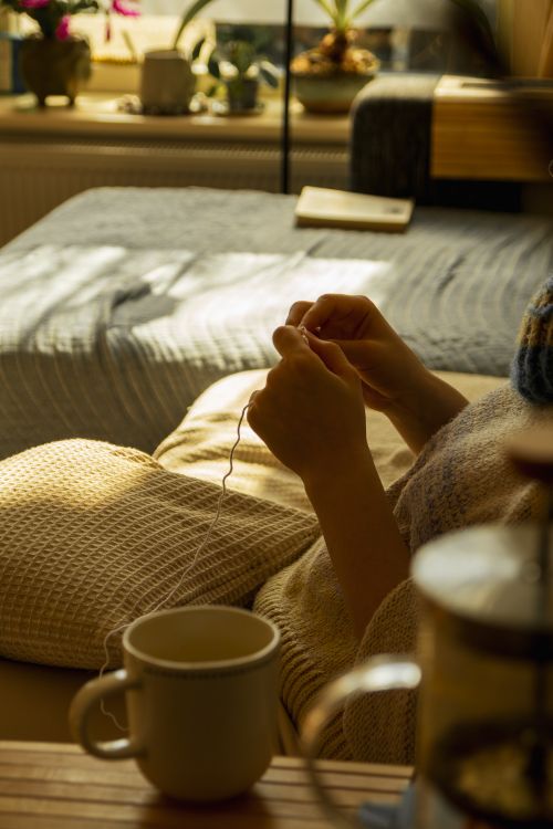 Free Relaxing indoor knitting with warm sunlight and cozy atmosphere, capturing peaceful moments. Stock Photo