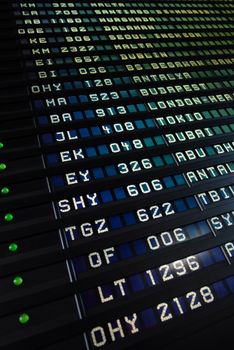 Classic flip board displaying international flight destinations at an airport.