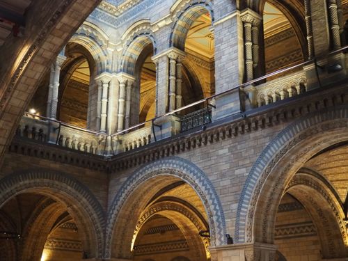 Free Intricate stone arches and columns of a majestic historic building interior. Stock Photo