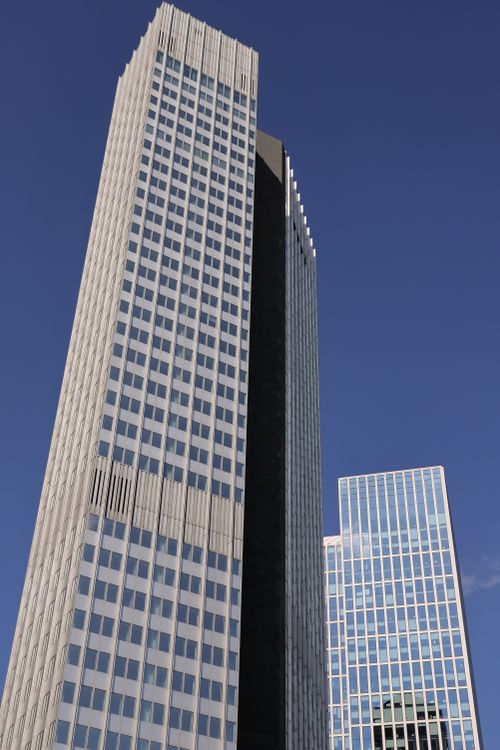 Free Elegant skyscrapers in Frankfurt am Main under clear blue skies. Stock Photo