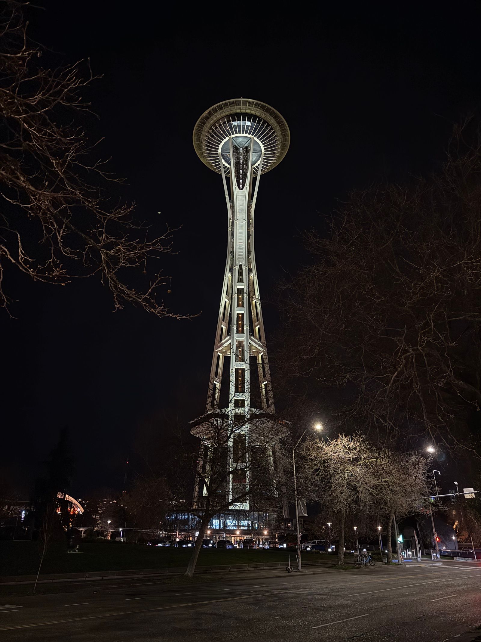 Seattle Space Needle illuminated at night, representing Thanksgiving weekend at Seattle Center