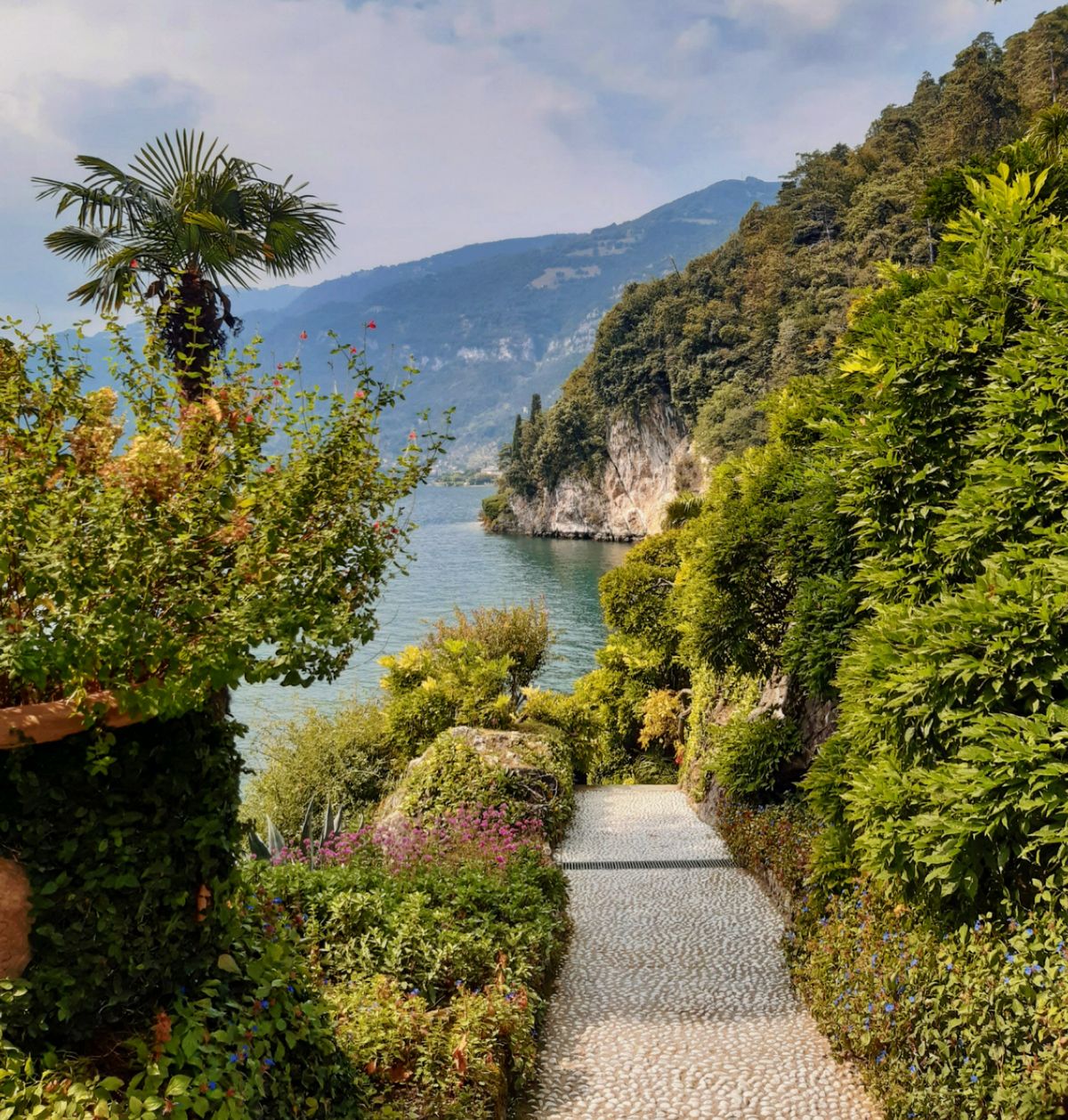 Scenic Garden Pathway with Mountain View · Free Stock Photo
