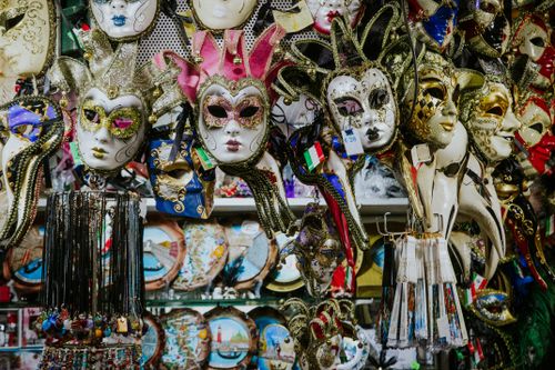 Free A vibrant array of traditional Venetian masks on display in Venice, Italy, featuring intricate designs and vivid colors. Stock Photo