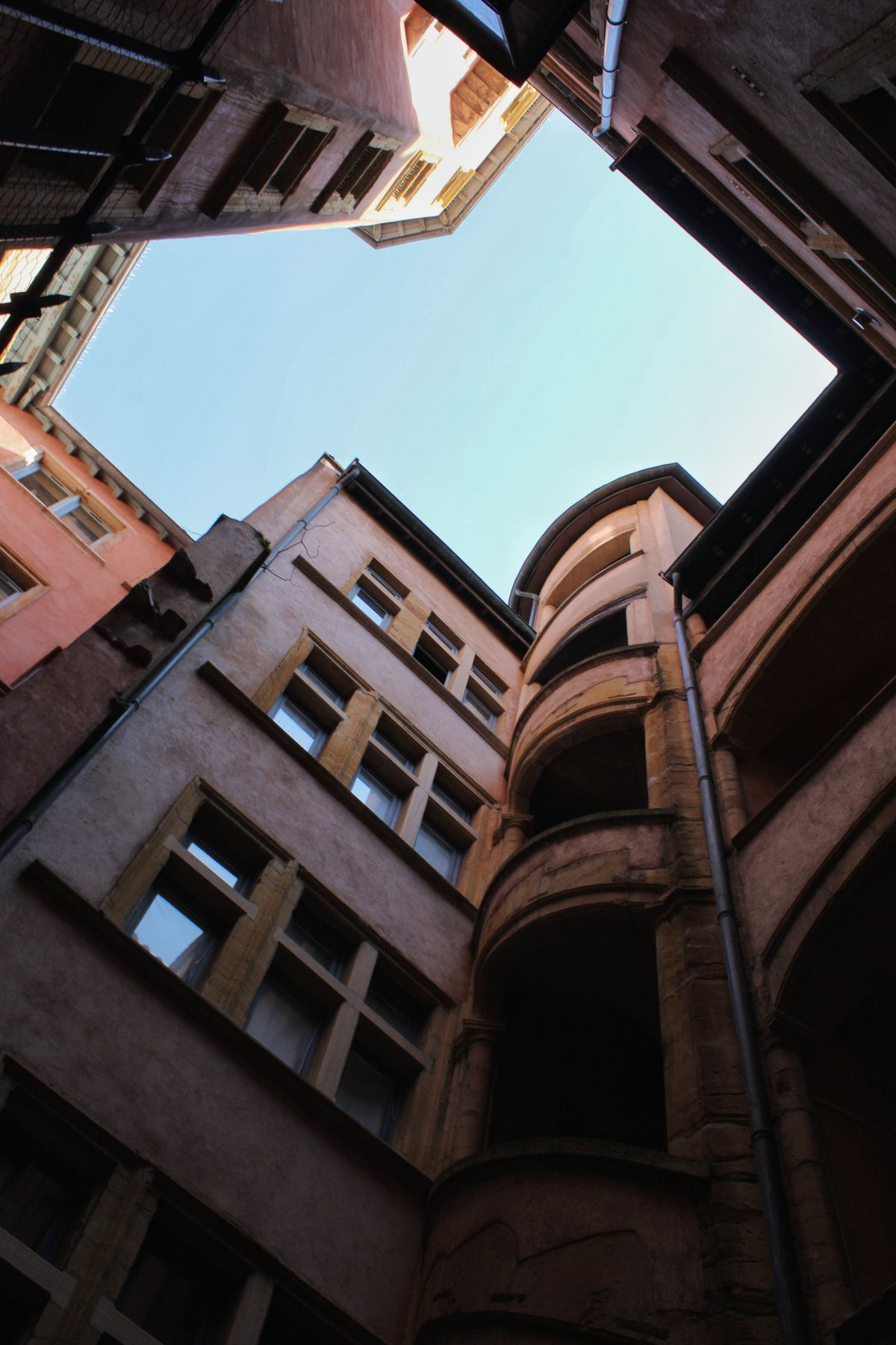 A Renaissance spiral staircase tower in a Vieux Lyon courtyard