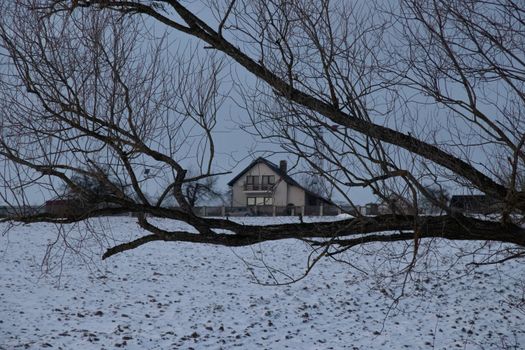 Snow-covered landscape with a house framed by bare tree branches, creating a serene winter mood.