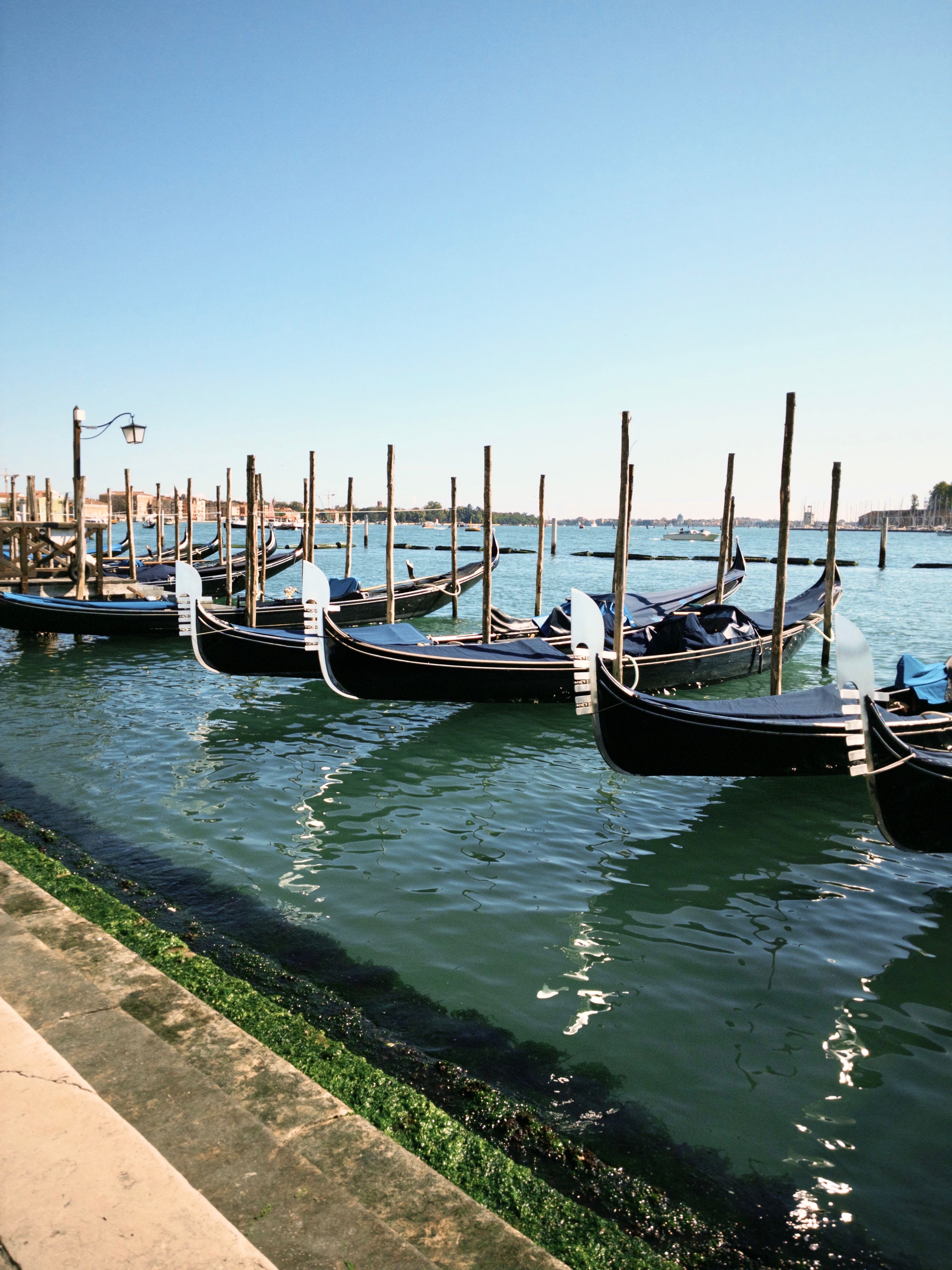 Sunlit gondolas gently float on a serene Venetian canal, capturing the charm of Italy.