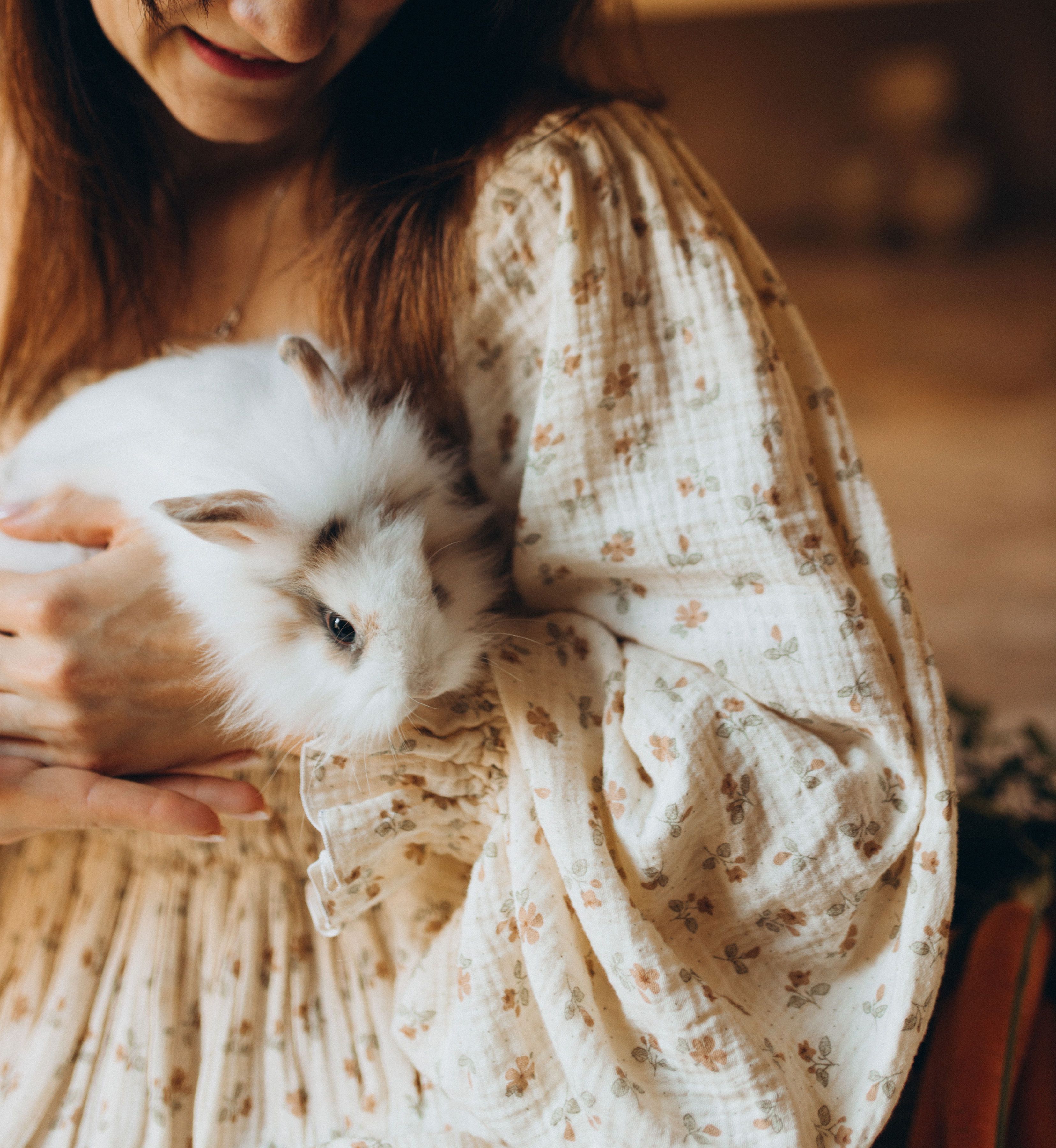 A woman in a floral dress gently holding a fluffy white rabbit indoors.
