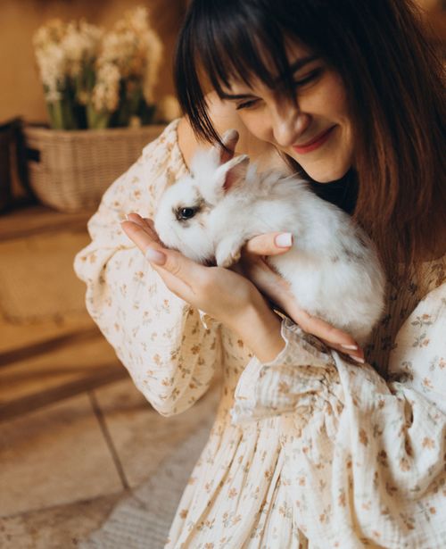 Free A woman lovingly holds a fluffy white rabbit indoors, creating a warm and cozy atmosphere. Stock Photo