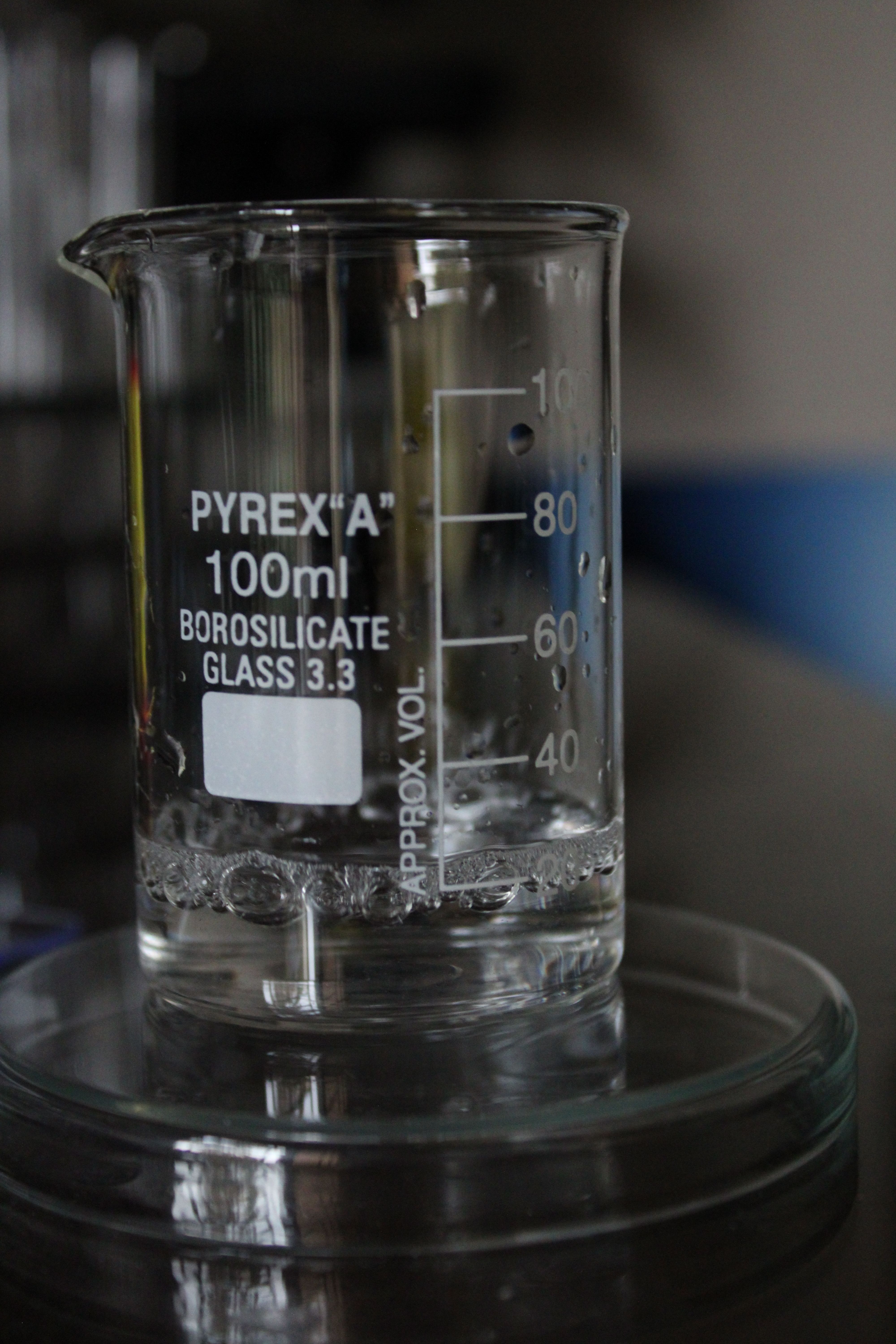 A 100ml Pyrex borosilicate glass beaker with liquid on a laboratory surface.