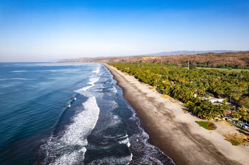 Free Stunning aerial shot of the coastline and palm trees in La Libertad, El Salvador, captured during a bright day. Stock Photo