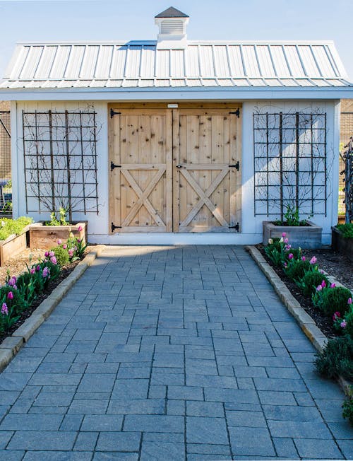 Free stock photo of barn door, shed, tulips