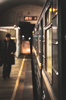 A blurred figure waits beside a vintage train at an underground station, reflecting a nighttime city commute.