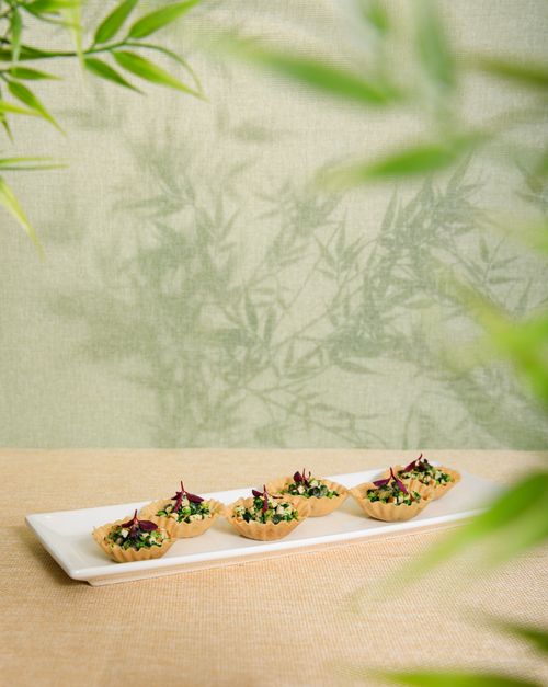 Free Elegant small appetizers served on a white rectangular platter with a soft green background, perfect for gourmet presentations. Stock Photo