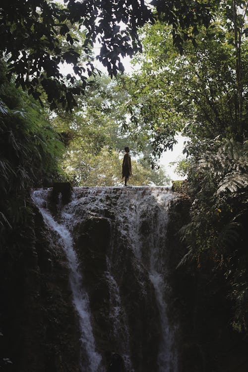 Free Person Standing Waterfalls Stock Photo