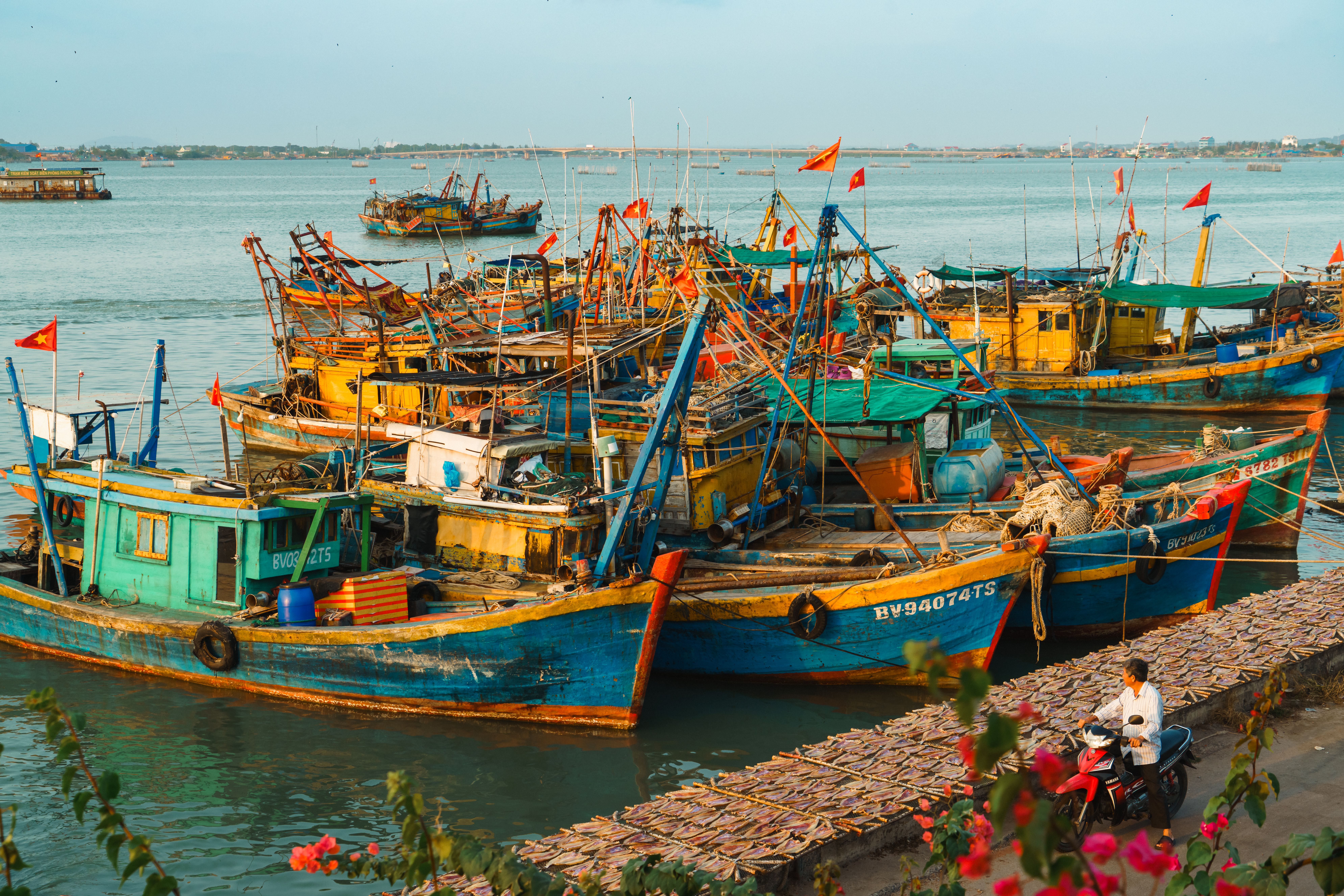 Colorful fishing boats docked at Vũng Tàu harbor, Vietnam, capturing everyday maritime life.