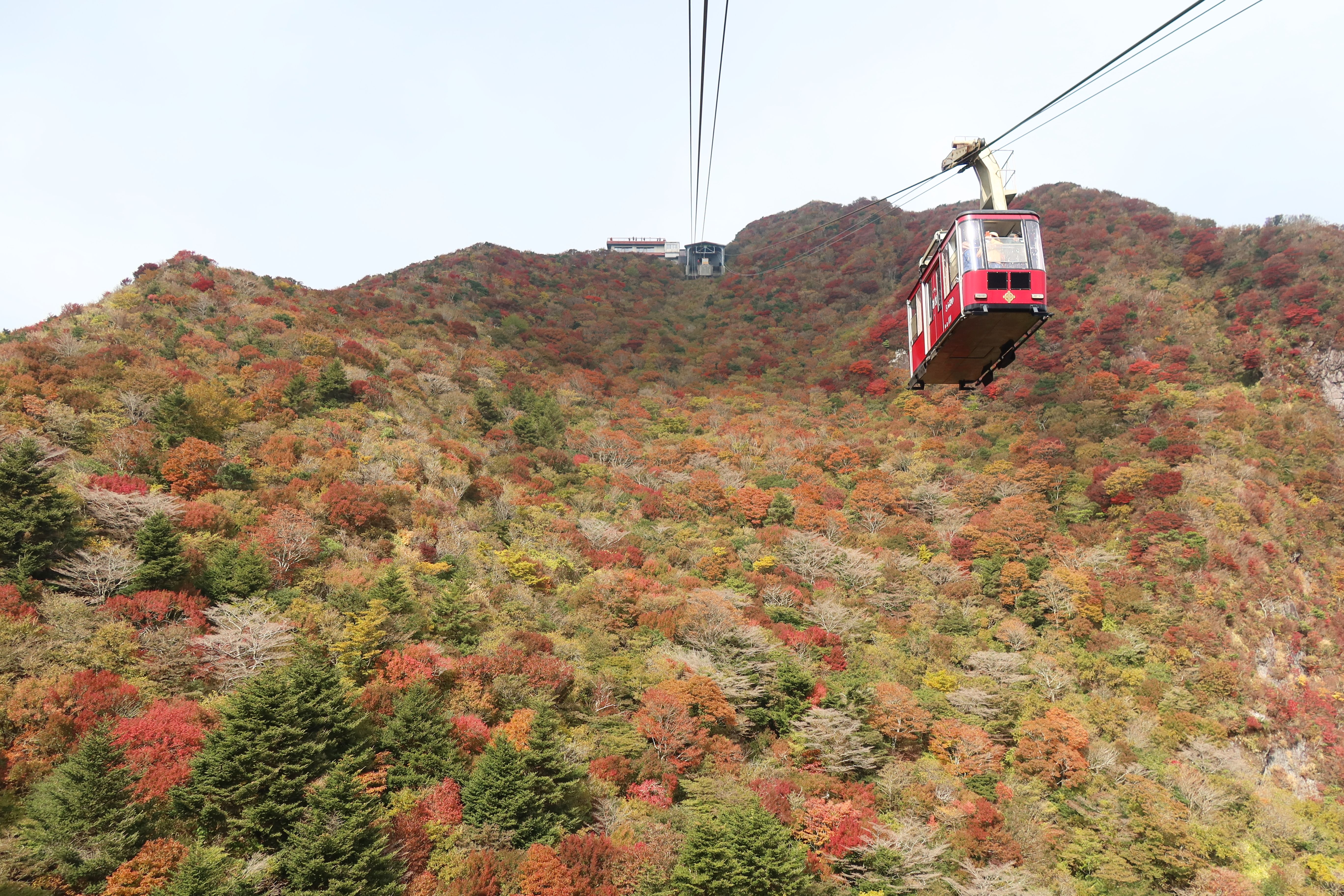 Stunning view of Unzen Ropeway amidst colorful autumn foliage in Nagasaki, Japan.